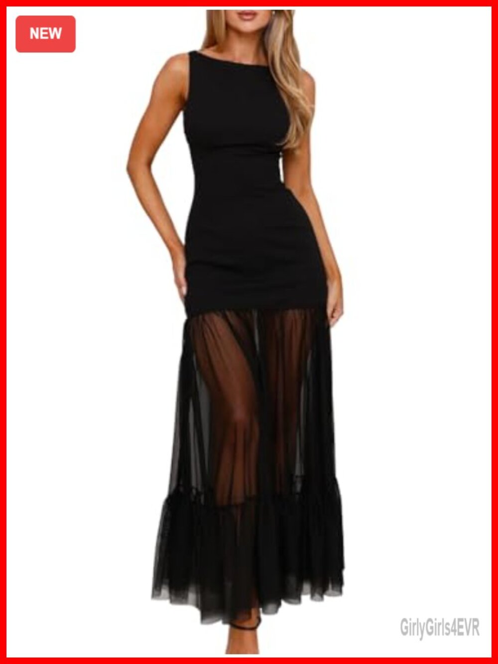 LAGSHIAN Sleeveless Backless Bodycon Maxi Dress Formal Evening Mesh Hem